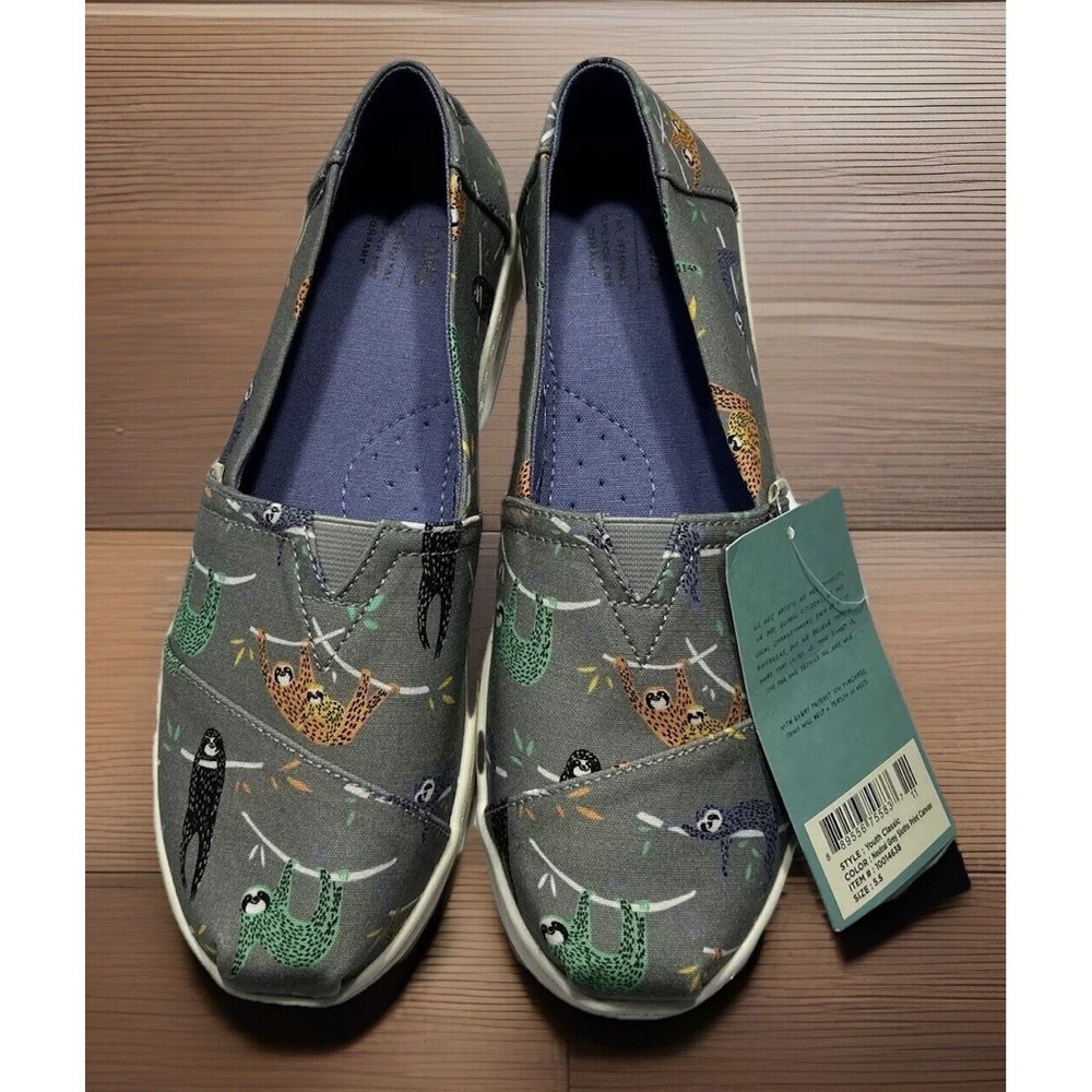 NWT TOMS Alpargata Neutral Grey Sloths Canvas Slip On Flats Sz 5.5 37.5 Euro New